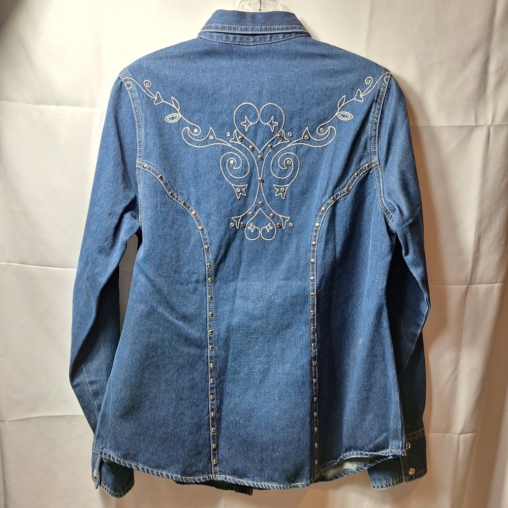 Vtg LAWMAN WESTERN Embroidered Rhinestone Button Denim Top Sz S Cowgirl Festival - Picture 3 of 10